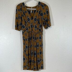 Free People Mustard Yellow Printed Button Empire Waist Flowy Dress Size Small